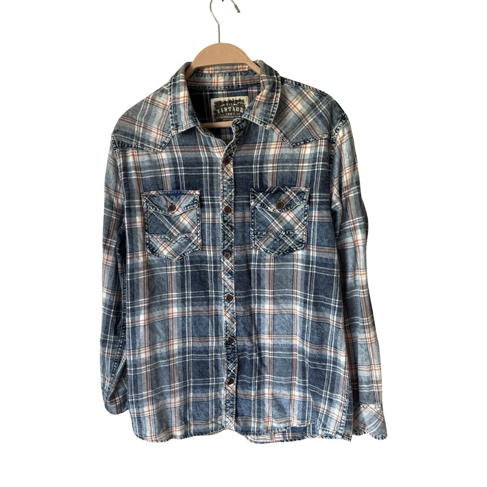 BKE Buckle Flannel Shirt Button Up Women's M White Red‎ Blue Plaid Western